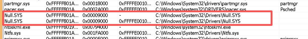 按文件名排序后显示异常 Null.SYS 驱动条目,分别关联 Psched 和 ntoskrnl.exe