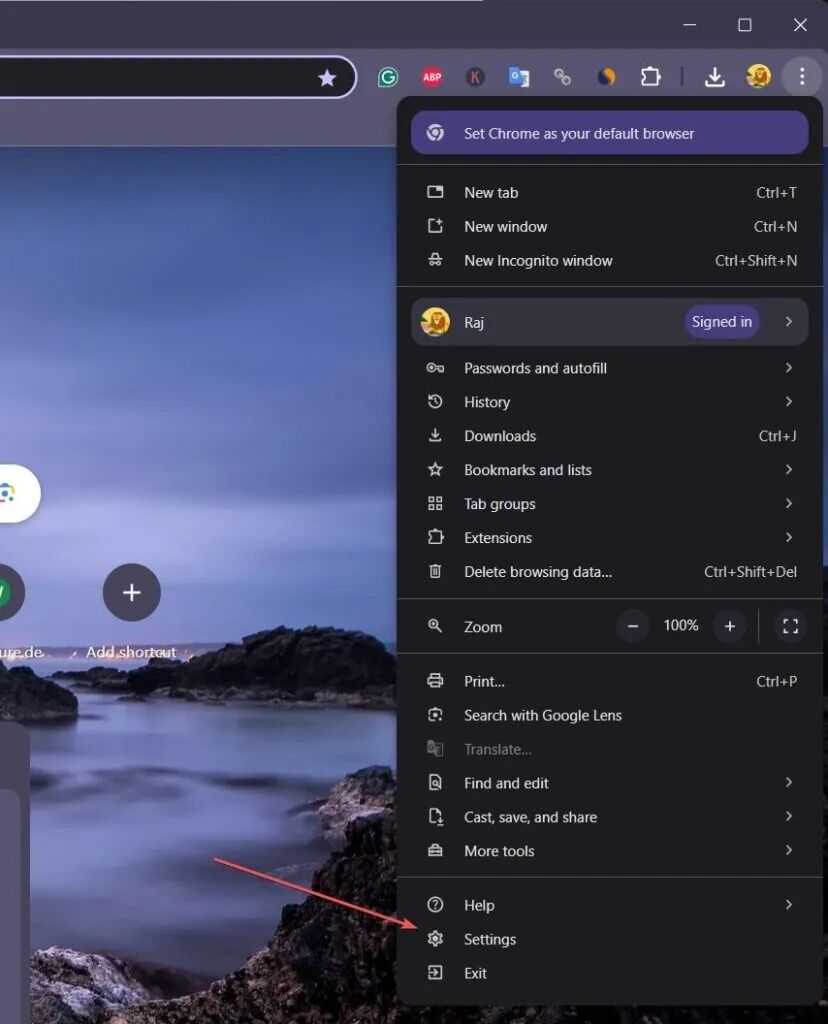 Chrome 浏览器三点菜单,选择 Settings 设置