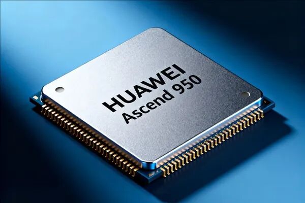 华为昇腾950 AI芯片特写，展示其金属顶盖与金色引脚细节