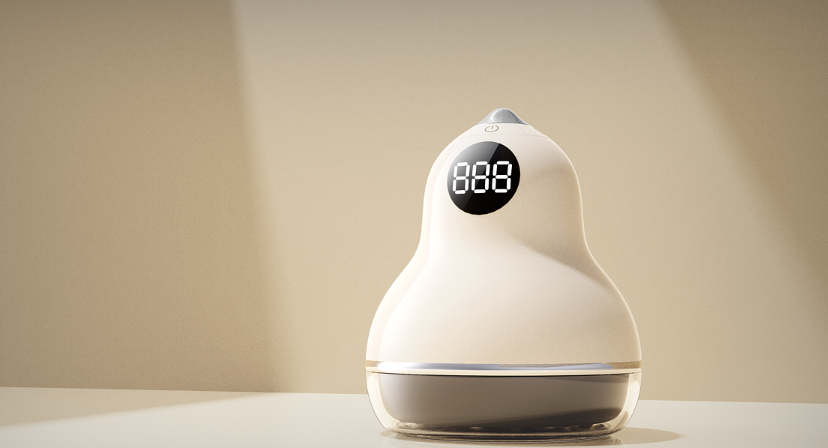 白色梨形智能设备，顶部显示屏显示数字888