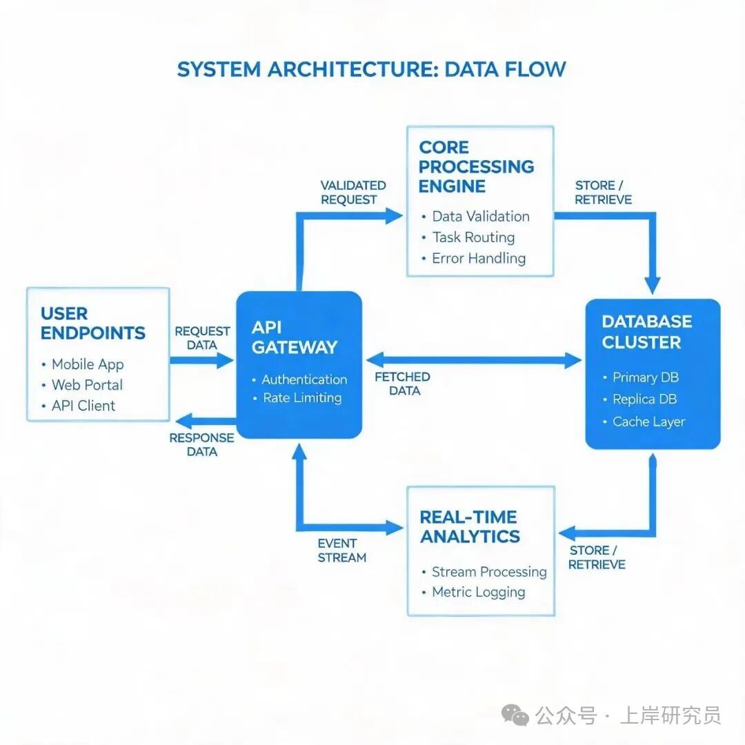 系统架构数据流图，包含用户端点（移动应用、Web门户、API客户端）、API网关、核心处理引擎、数据库集群及实时分析模块之间的数据流和操作类型