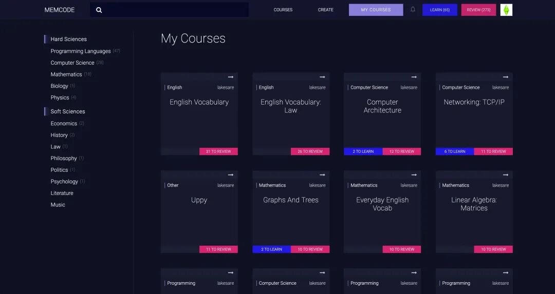 Memcode“我的课程”页面，按学科分类展示学习进度