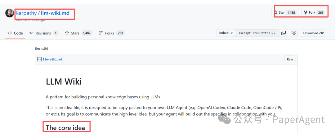 Karpathy开源的LLM Wiki项目GitHub页面截图