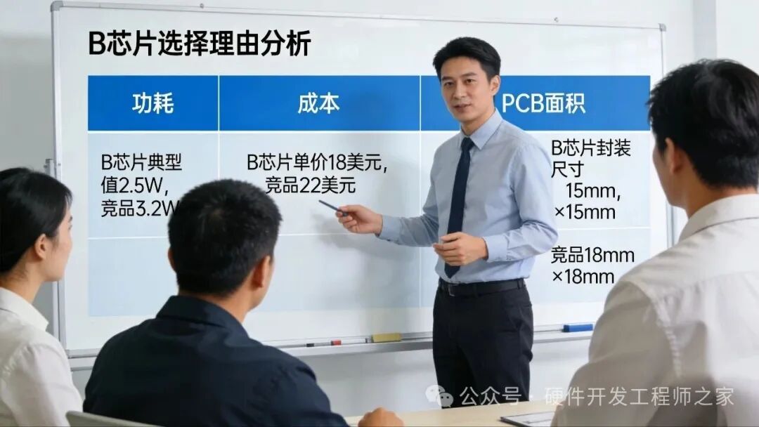 工程师在白板前分析B芯片的功耗、成本与PCB面积优势