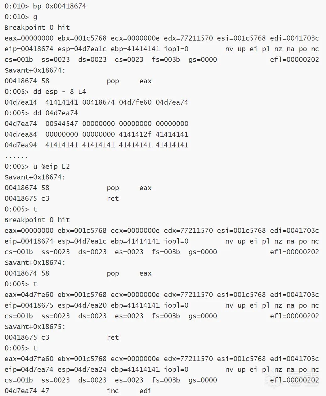 调试器显示成功跳转到 pop eax; ret 指令