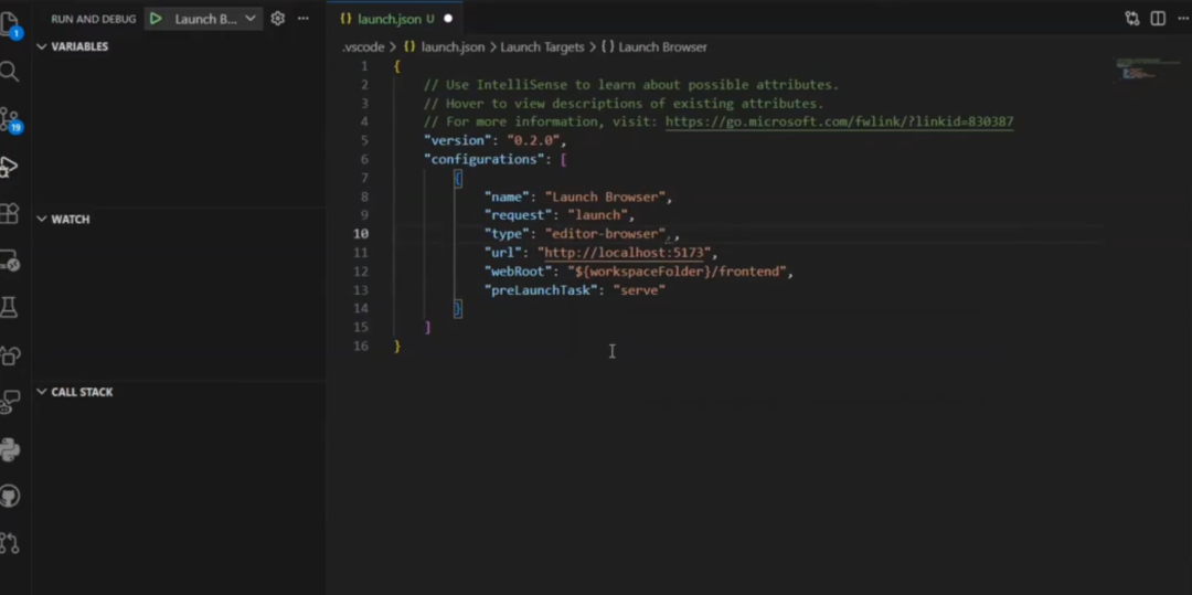 VS Code 中配置 editor-browser 调试类型的 launch.json 文件截图