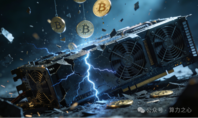描绘比特币矿机被闪电击中破碎的数字艺术概念图