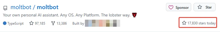 Moltbot GitHub页面显示日增17k星标
