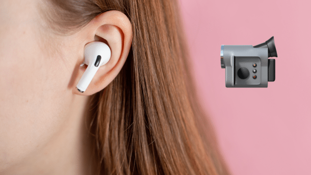 佩戴耳机的女性侧脸特写,旁边悬浮着微型摄像机图标
