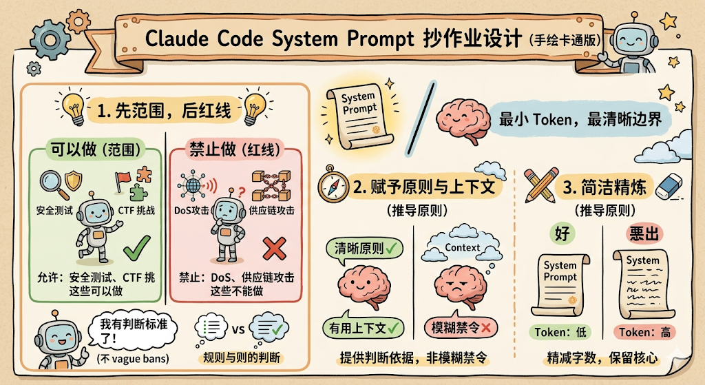 一张手绘卡通风格的教育类信息图,主题为‘Claude Code System Prompt 抄作业设计(手绘卡通版)’,顶部有机器人和齿轮装饰。图像分为三个主要部分:1. 先范围,后红线——左侧绿色区域标‘可以做(范围)’,含安全测试、CTF挑战图标及机器人点赞手势;右侧红色区域标‘禁止做(红线)’,含DoS攻击、供应链攻击图标及机器人摇头拒绝手势;底部机器人对话框显示‘我有判断标准了!(不vague bans)’,旁边对比‘规则与则的判断’。2. 赋予原则与上下文——中间区域展示‘System Prompt’卷轴、大脑图标,强调‘最小Token,最清晰边界’;下方分‘清晰原则’(大脑带对勾)与‘模糊禁令’(大脑皱眉),分别对应‘有用上下文’与‘模糊禁令’,并注明‘提供判断依据,非模糊禁令’。3. 简洁精炼——右侧区域用铅笔和橡皮擦图标,对比‘好’与‘坏’:左侧‘System Prompt’卷轴标注‘Token:低’‘精减字数,保留核心’;右侧乱涂卷轴标注‘Token:高’‘System’字样。