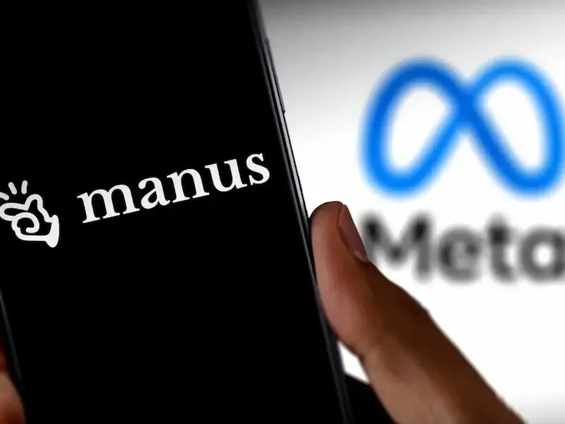 Manus 应用界面截图,背景隐约可见 Meta 标志
