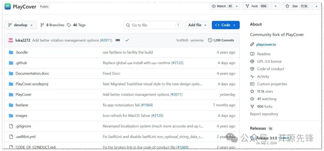 PlayCover GitHub仓库页面，显示11.1k星标