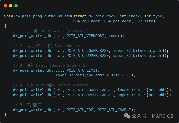 Linux内核中PCIe DesignWare驱动配置iATU的C语言代码