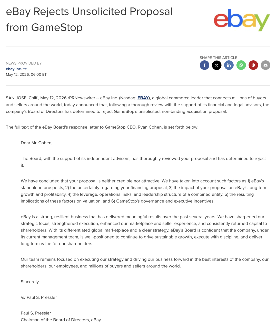 eBay董事会拒绝GameStop收购提案的回复信