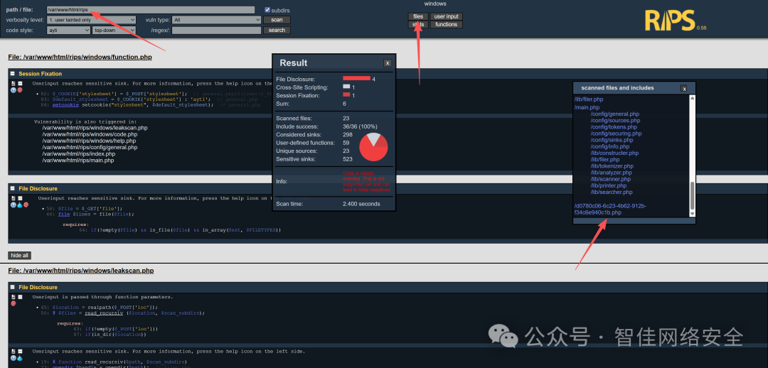 RIPS 扫描结果面板：File Disclosure 类型共 4 条，右侧列出含 leakscan.php 的文件路径