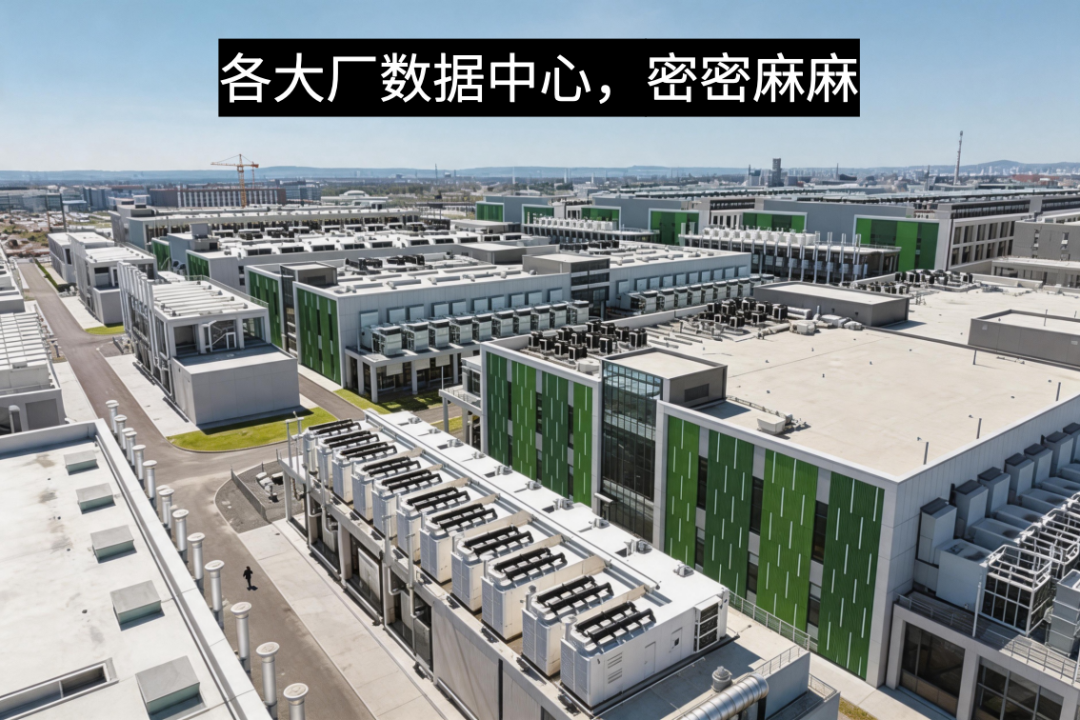 高空俯瞰密集的大型数据中心园区