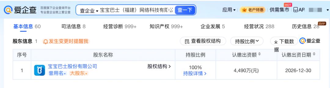 宝宝巴士公司的股东及出资信息截图