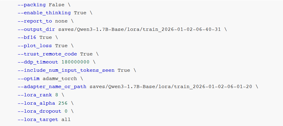 训练参数配置截图:--packing False、--bf16 True、--lora_rank 8、--lora_alpha 256等