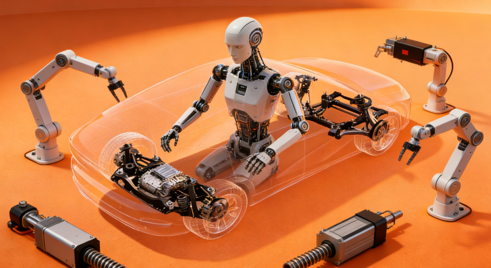 橙色背景下的机器人制造概念图