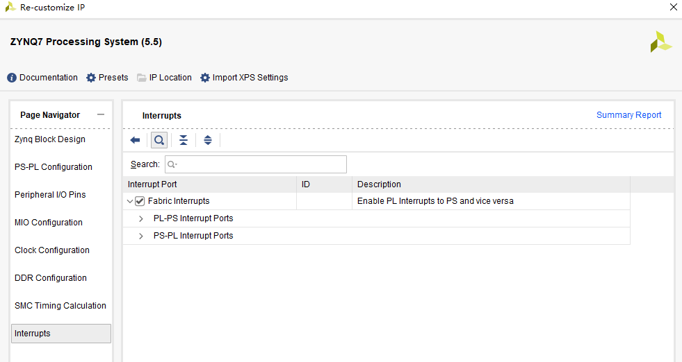 ZYNQ7 中断配置界面，启用 Fabric Interrupts