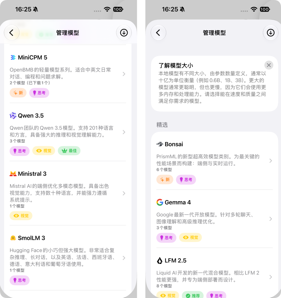 Locally应用管理模型界面,列出MiniCPM、Qwen 3.5、Ministral等模型