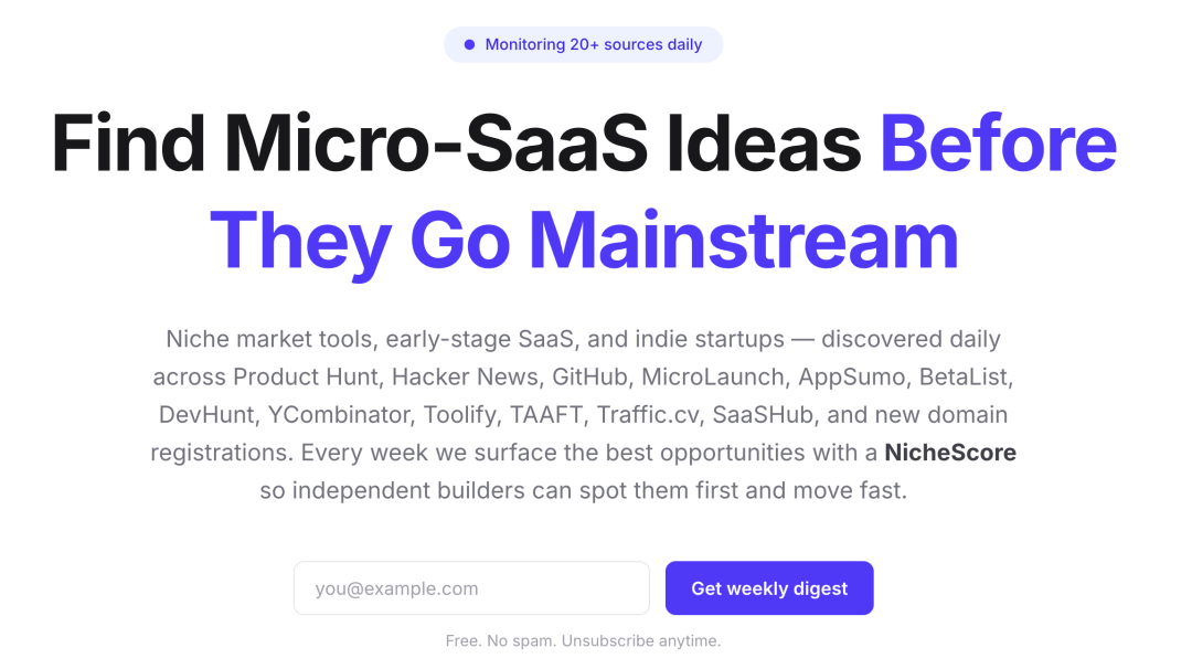 MRRScout网站首页，展示Micro-SaaS创意发现服务