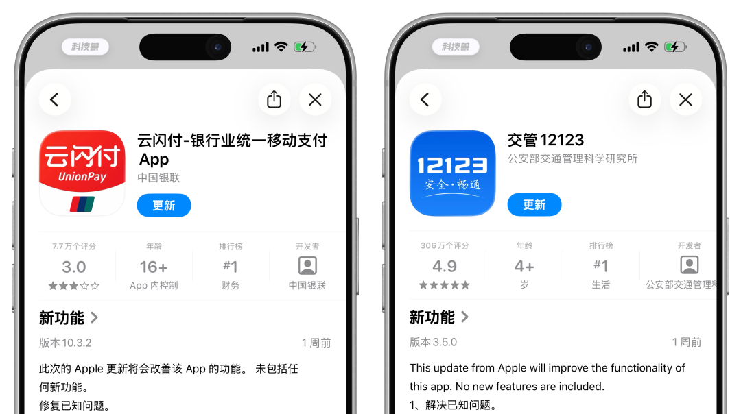 云闪付与交管12123应用详情页对比
