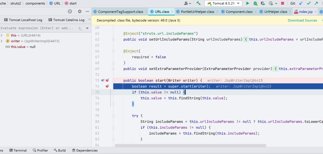 IDE代码界面截图，显示URL类的start方法
