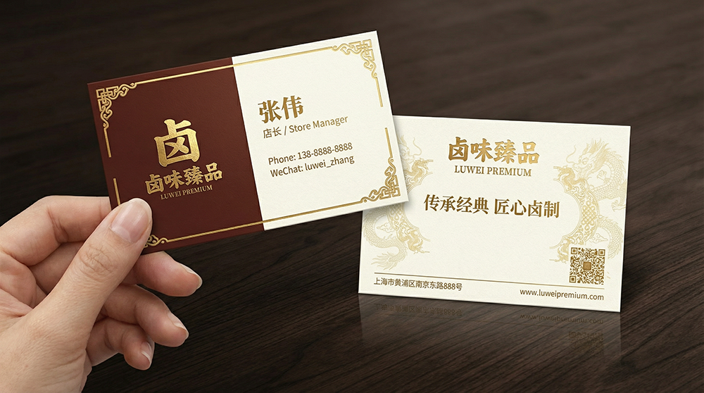 卤味臻品深棕色名片正反面设计
