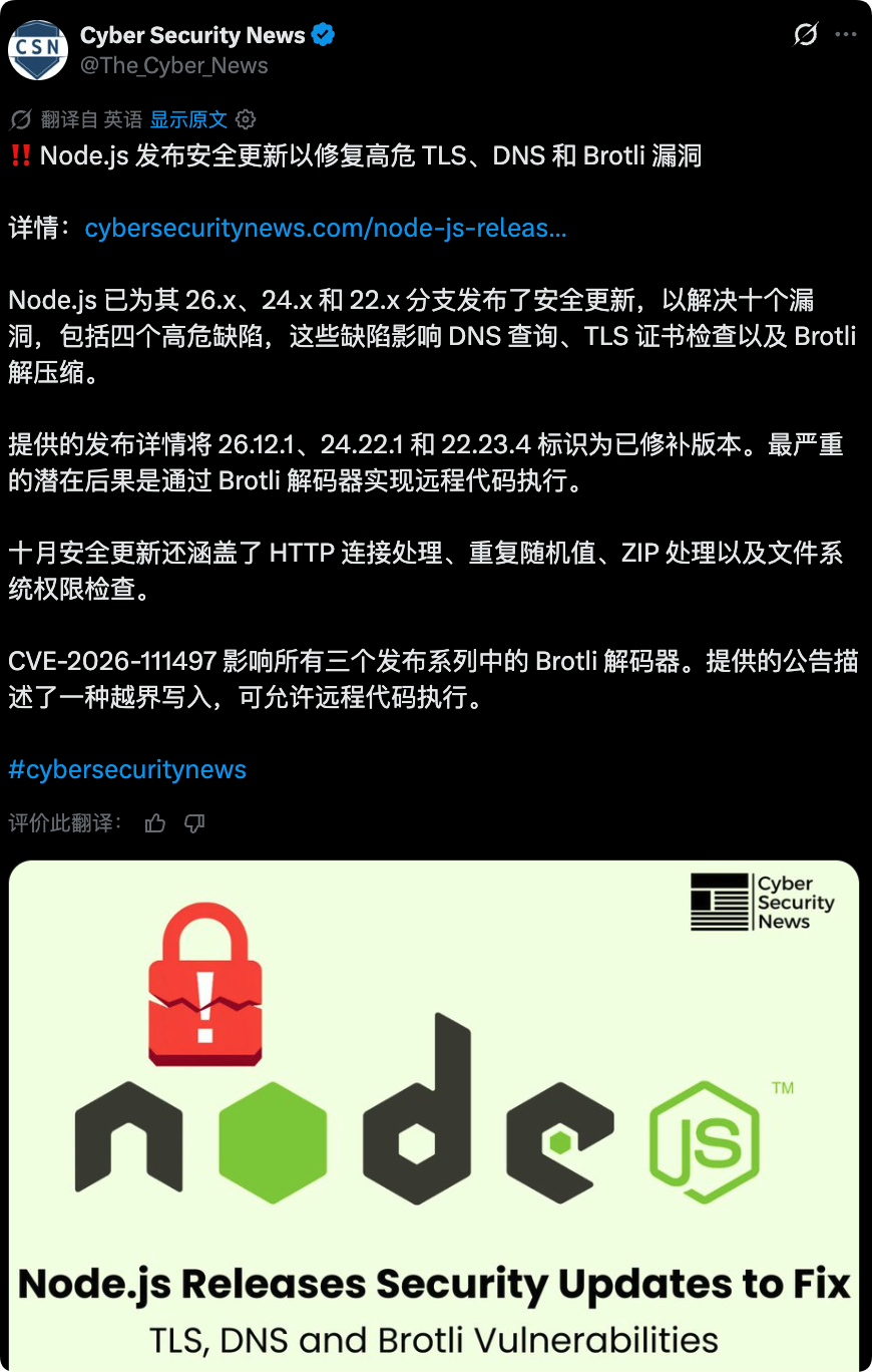 Node.js发布TLS、DNS与Brotli漏洞安全更新