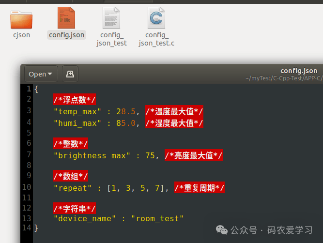 配置文件示例,展示浮点数、整数、数组和字符串字段的JSON结构