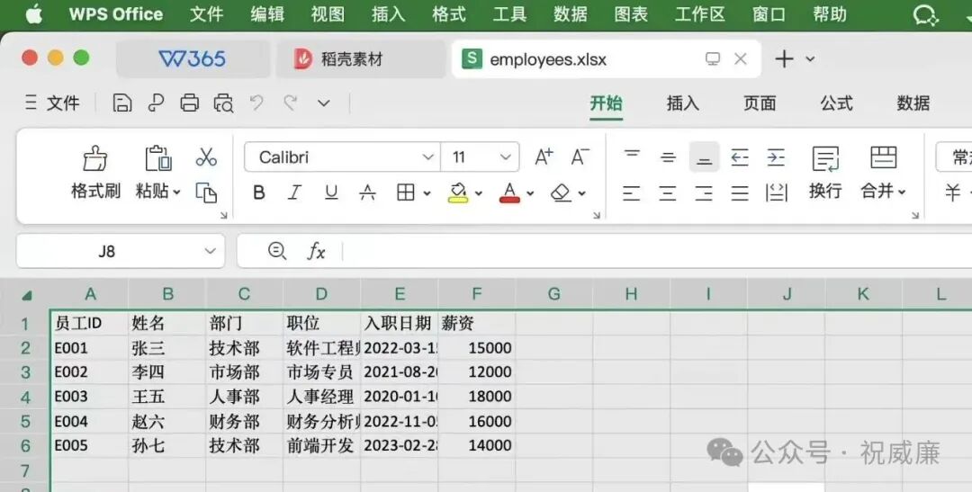 WPS Office中打开由agent_excel生成的包含员工信息的Excel表格