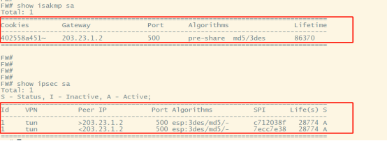 防火墙show isakmp sa和show ipsec sa输出,IPSec隧道建立成功