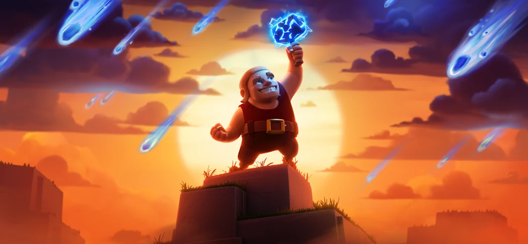 角色手握闪电球的史诗战斗场面