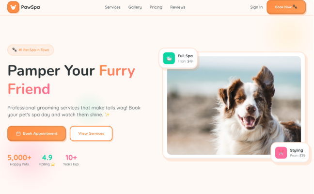 由该技能辅助设计的高质量宠物Spa网站截图