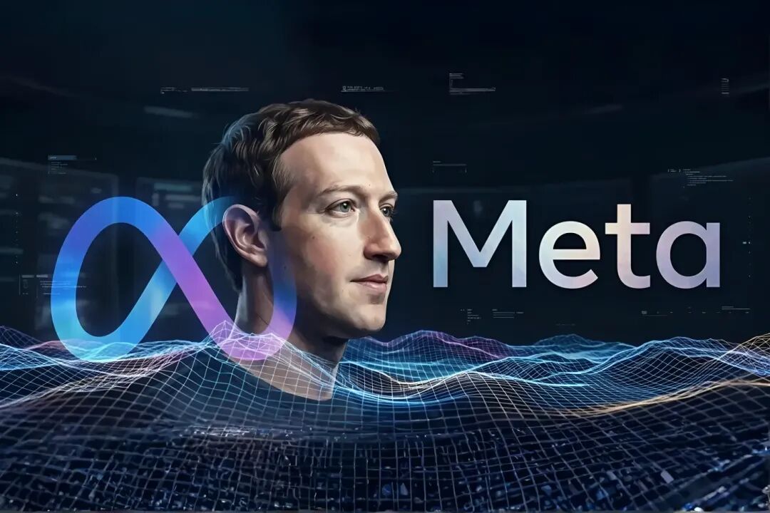 Meta创始人马克·扎克伯格侧面肖像，背景为深蓝色科技风格数据可视化