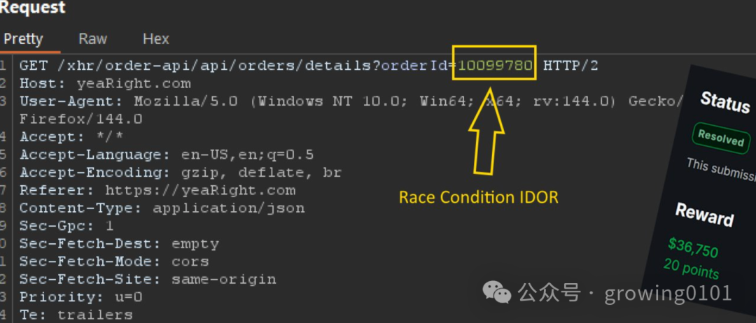 HTTP请求截图，展示利用Race Condition进行IDOR攻击的示例