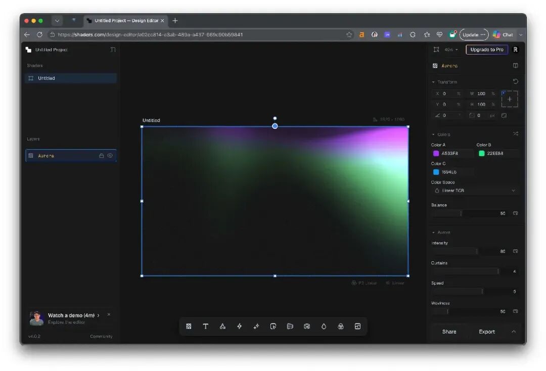 Shaders 可视化设计器界面,深色模式,展示 Aurora 极光效果的图层面板与参数调节区