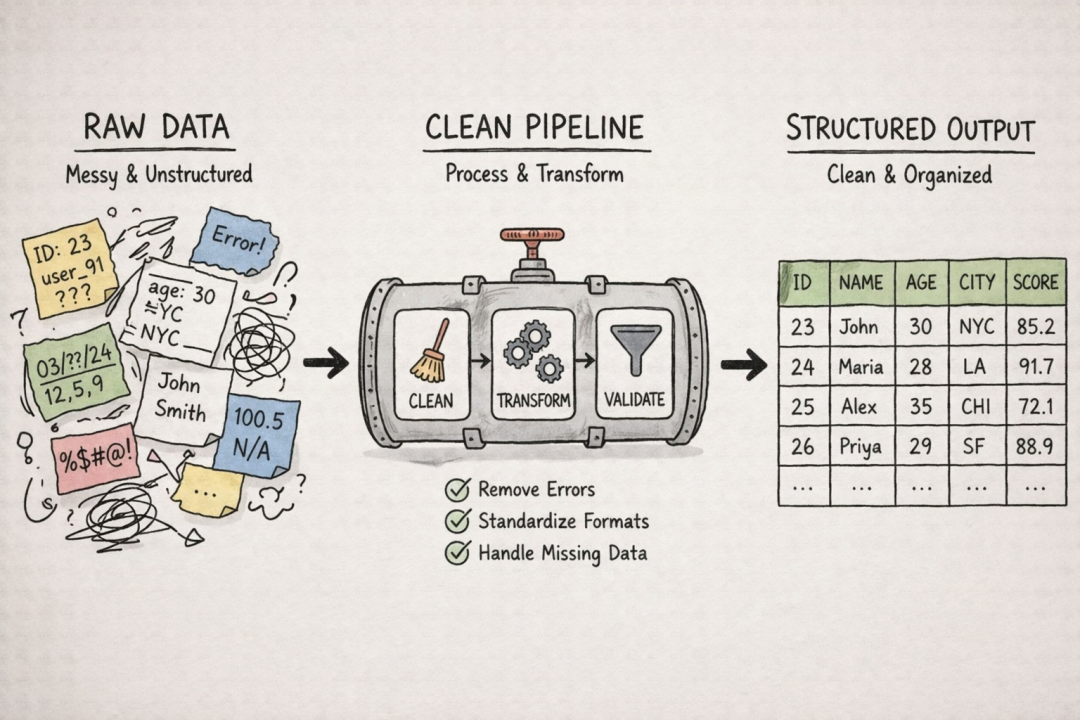 数据清洗管道示意图：从杂乱原始数据，经过清洗、转换、验证，变为结构化输出
