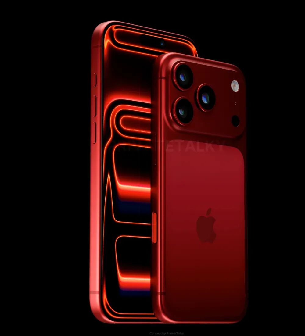 红色iPhone 18 Pro高光渲染图，突出曲面与质感