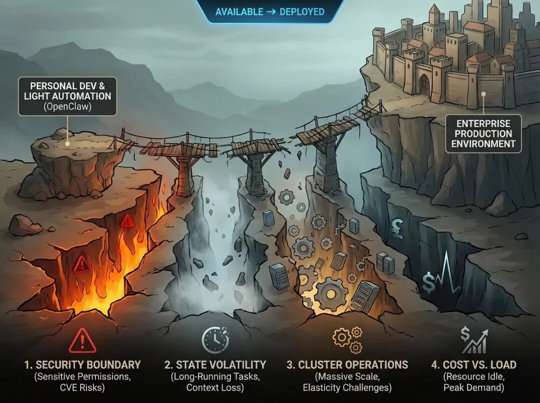 企业级Agent落地面临的四道鸿沟示意图