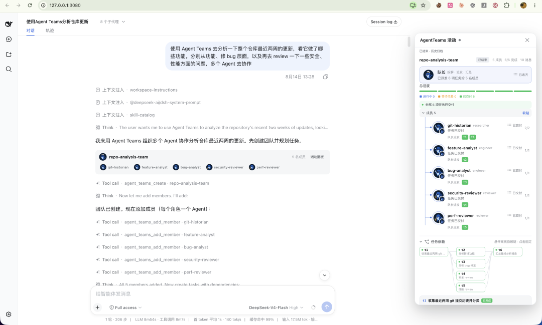 AgentTeams 活动面板：成员、任务、依赖与报告