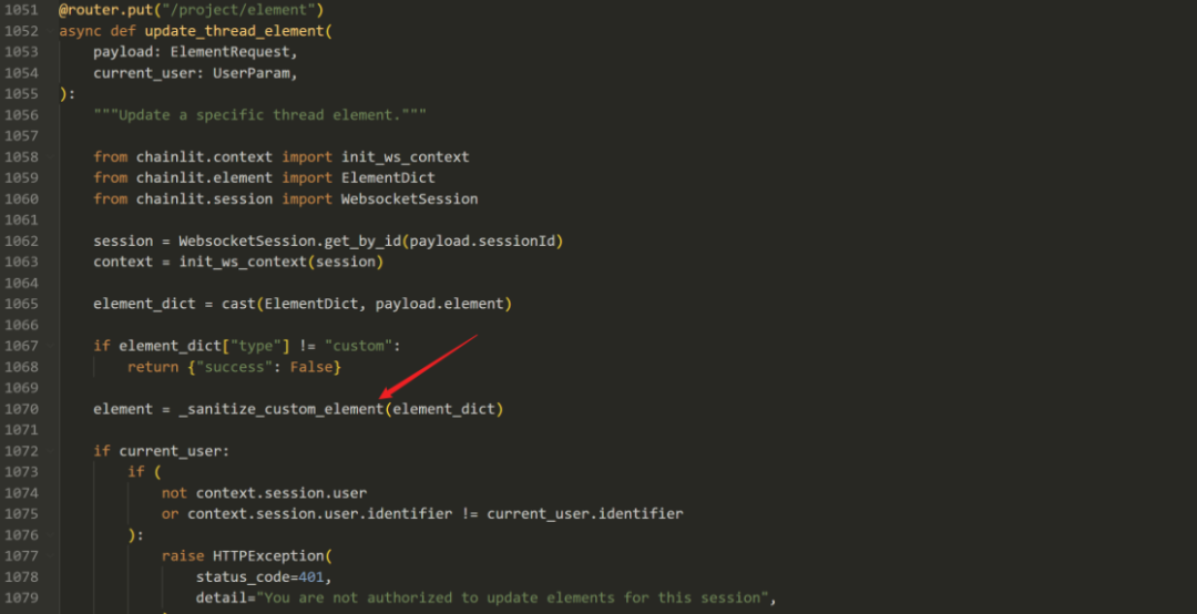 代码编辑器截图，显示修复后的 update_thread_element 函数，改用 _sanitize_custom_element 处理输入。