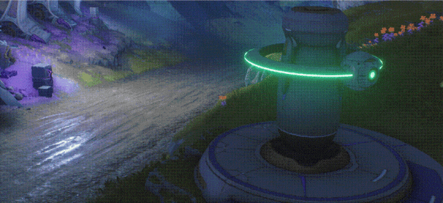 绿色光束装置启动，照亮并改变地貌的动画