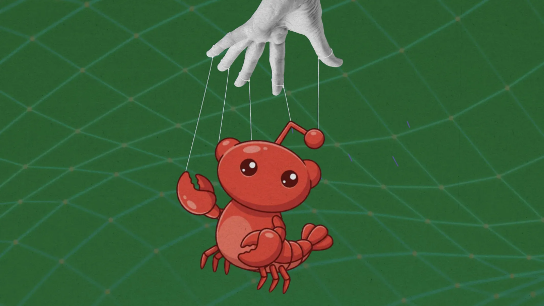 一只红色卡通龙虾被白色丝线操控，象征AI智能体受控的本质