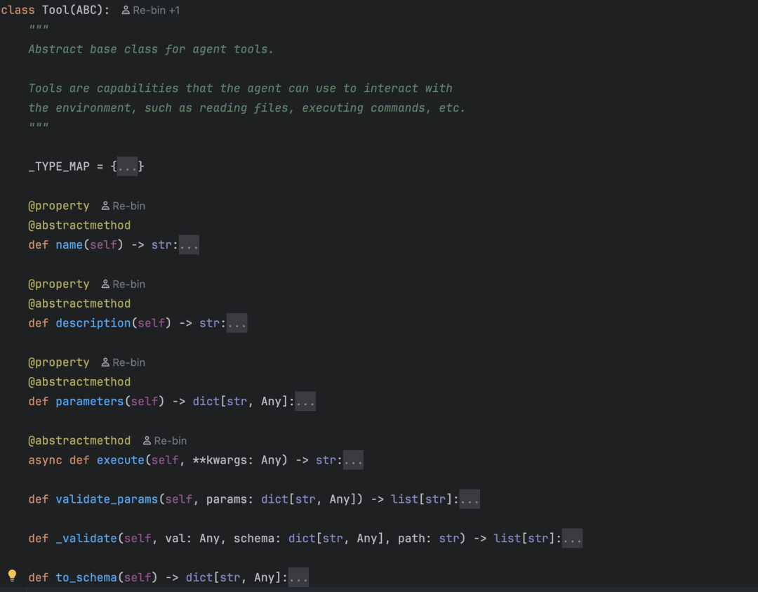 Tool抽象基类定义，包含name、description、parameters等抽象属性及execute方法