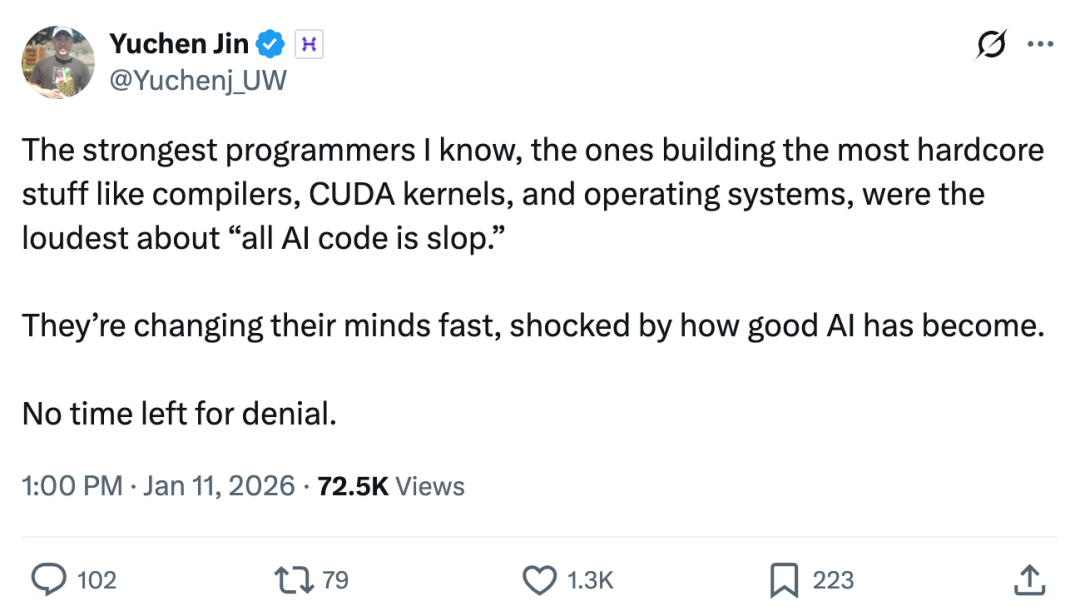 一条推文截图,内容为顶尖程序员对AI代码看法的转变