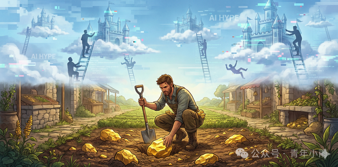 一名男子在挖掘金块，周围散落着许多金块，寓意在垂直领域掘金